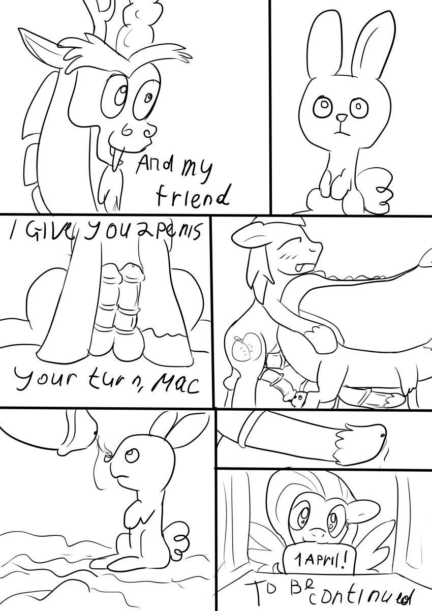 angel_(mlp) bestiality big_macintosh_(mlp) comic cum discord_(mlp) feral fluttershy_(mlp) friendship_is_magic humor interspecies invalid_tag jbond joke line_art male male/male monochrome multiple_dicks my_little_pony orgasm sketch text