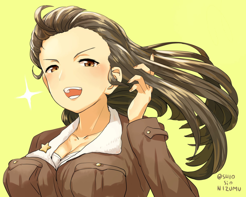 bangs breasts brown_eyes brown_hair brown_jacket chi-hatan_military_uniform cleavage commentary girls_und_panzer half-closed_eyes hand_in_hair highres jacket long_hair long_sleeves looking_at_viewer medium_breasts military military_uniform nishi_kinuyo open_mouth shio_nizumu shirt simple_background smile solo sparkle twitter_username uniform upper_body white_shirt wind yellow_background