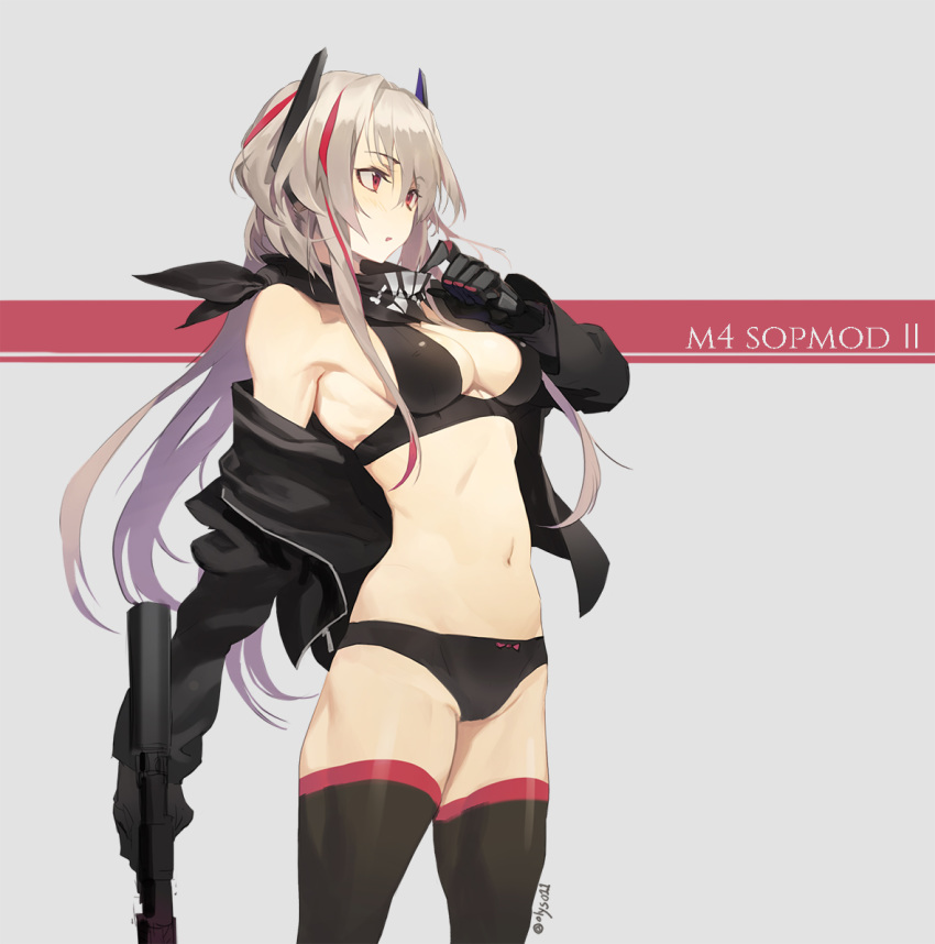 adjusting_neckwear armpits assault_rifle bangs bare_shoulders black_bra black_legwear black_panties black_scarf blush bow bow_panties bra breasts character_name cleavage commentary_request cowboy_shot eyebrows_visible_through_hair girls_frontline gloves groin gun hair_between_eyes headgear holding holding_gun holding_weapon jacket long_hair looking_away m4_carbine m4_sopmod_ii m4_sopmod_ii_(girls_frontline) medium_breasts multicolored_hair navel off_shoulder olys open_clothes open_jacket open_mouth panties pink_hair prosthesis prosthetic_arm red_eyes red_hair rifle scarf sidelocks solo sports_bra stomach streaked_hair thighhighs toned twitter_username underwear weapon