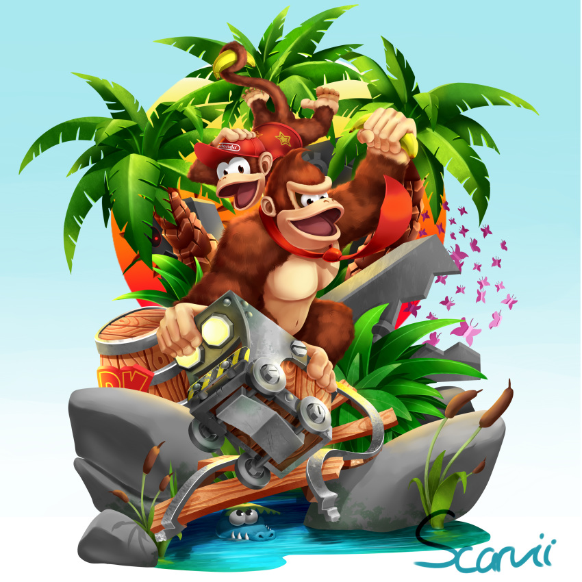 absurd_res ape arthropod banana barefoot barrel bottomless brown_eyes brown_fur butterfly clothed clothing diddy_kong donkey_kong_(character) donkey_kong_(series) duo_focus food fruit fur group hat hi_res insect kremling male mammal monkey necktie nintendo primate rock scalie scarvii signature tree video_games water