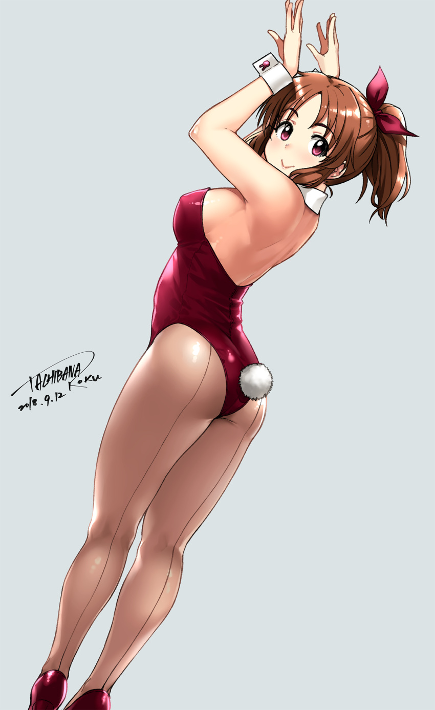 :&gt; abe_nana absurdres arms_up artist_name ass back brown_hair bunny_pose bunny_tail bunnysuit commentary_request dated detached_collar highres idolmaster idolmaster_cinderella_girls idolmaster_cinderella_girls_starlight_stage kneepits leotard long_hair pantyhose ponytail red_footwear red_leotard signature solo strapless strapless_leotard tachibana_roku tail wrist_cuffs