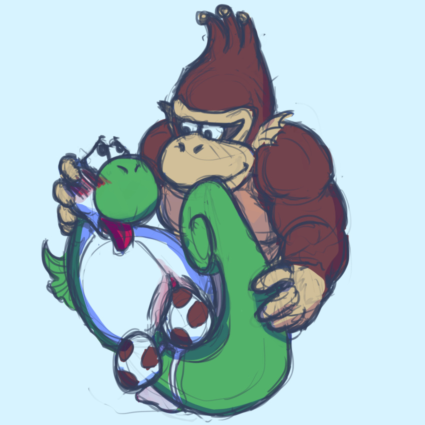anthro belly birth blue_background bulge caring dk donkey_kong_(character) donkey_kong_(series) drooling duo egg eye_contact female feral fish lying male marine mario_bros nintendo oviposition pregnant pussy saliva sea_monkey seahorse simple_background video_games white_background yoshi yoshi_(character)