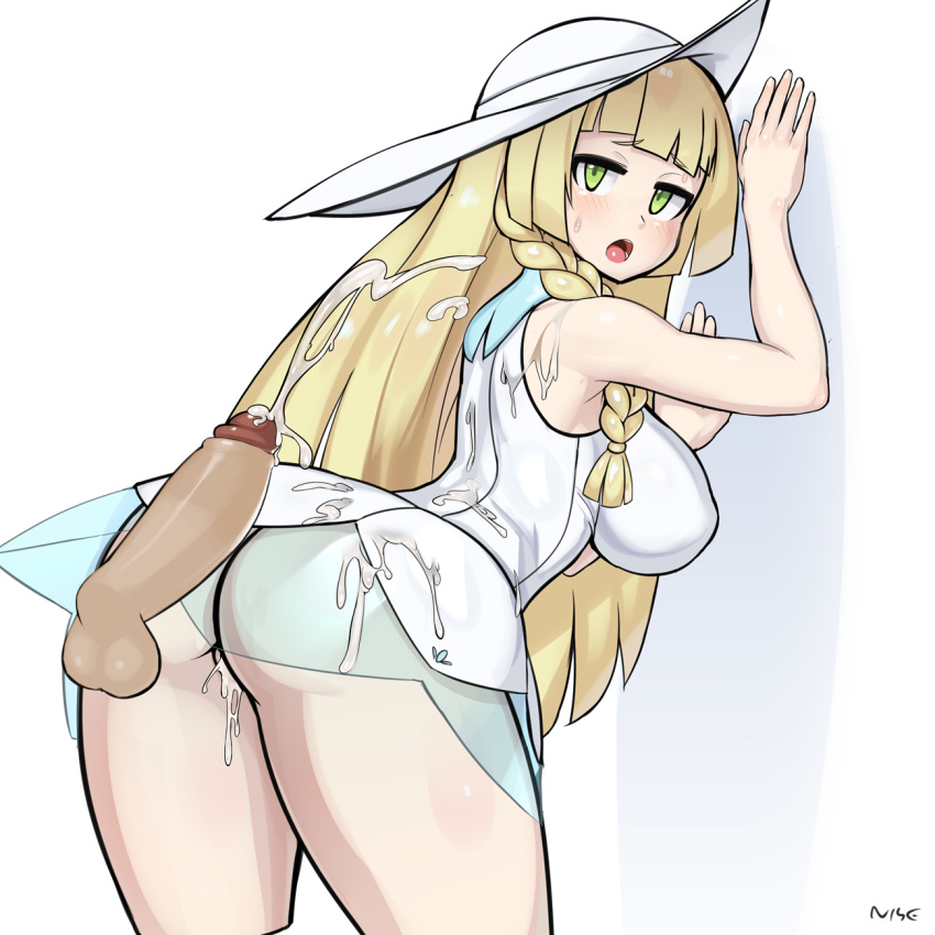 1girl against_wall ass bangs blonde_hair blunt_bangs blush braid breasts creatures_(company) cum cum_in_pussy cum_on_body cum_on_clothes cum_on_lower_body cumdrip disembodied_penis dress eyes_closed female game_freak green_eyes hat large_breasts lillie_(pokemon) nintendo nisetanaka open_mouth penis pokemon pokemon_(game) pokemon_sm sleeveless sleeveless_dress solo sun_hat uncensored white_background white_dress