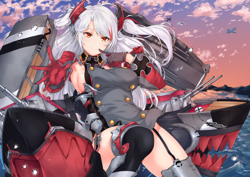 absurdres aircraft airplane antenna_hair armpit_cutout armpits azur_lane bangs blush breasts cannon cloud commentary evening eyebrows_visible_through_hair finger_to_mouth floating_hair garter_straps gloves hair_between_eyes headgear highres iron_cross jacket knee_up large_breasts long_hair long_sleeves looking_at_viewer machinery mole mole_on_breast multicolored_hair ocean outdoors prinz_eugen_(azur_lane) red_hair rigging sideboob sidelocks silver_hair sirurabbit smile solo splashing streaked_hair swept_bangs thighhighs thighs turret two_side_up very_long_hair water water_drop wide_sleeves wind
