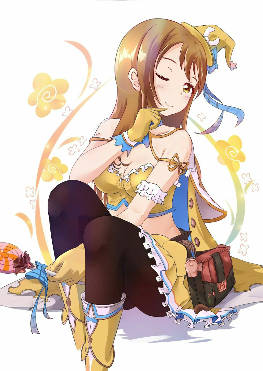 ;) arm_ribbon arm_scrunchie bag bare_shoulders black_legwear blue_bow blue_neckwear blush boots bow breasts brown_hair candy capelet cleavage food gloves granblue_fantasy haifong hand_up handbag hat hat_bow highres holding_candy kunikida_hanamaru lollipop long_hair looking_at_viewer love_live! love_live!_sunshine!! medium_breasts midriff one_eye_closed pantyhose ribbon sitting skirt smile solo tilted_headwear white_capelet yellow_cape yellow_eyes yellow_footwear yellow_gloves yellow_hat yellow_skirt