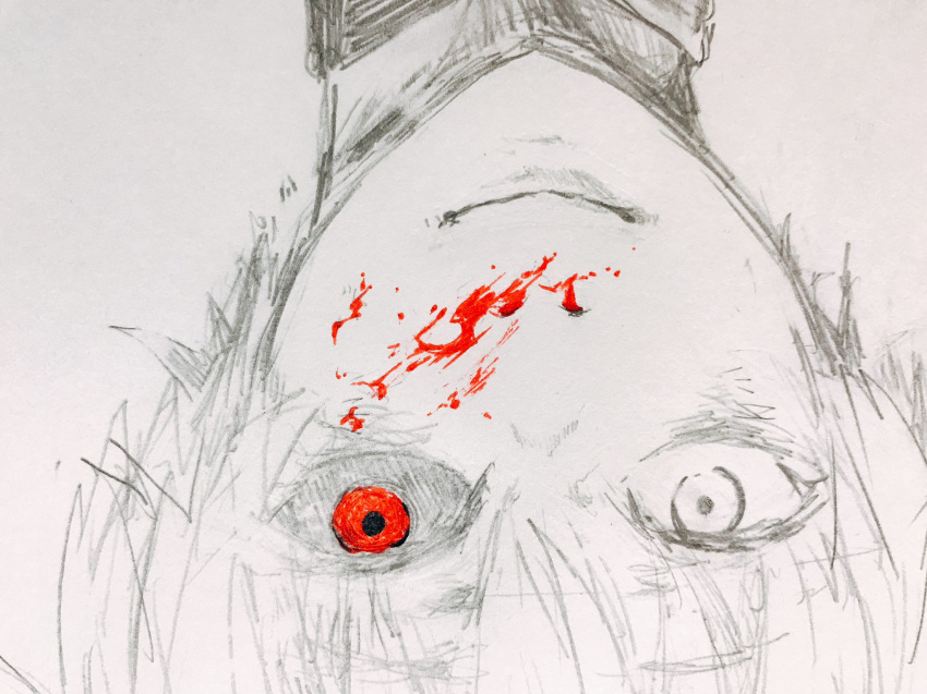 blood blood_on_face closed_mouth commentary_request eguchi_saan greyscale heterochromia highres looking_at_viewer monochrome original paper_(medium) pen_(medium) portrait red_eyes smile solo spot_color upside-down