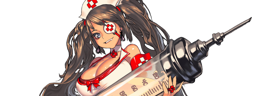 armband breasts brown_hair choker cleavage demeter_(destiny_child) destiny_child earrings eyepatch fang grey_eyes grin hat highres holding holding_syringe jewelry large_breasts long_hair nurse_cap official_art oversized_object plus_sign ring smile solo syringe transparent_background twintails upper_body very_long_hair white_choker white_hat