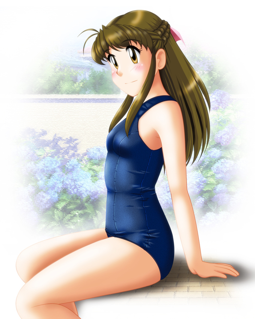 blue_swimsuit blush braid breasts brown_eyes brown_hair crown_braid day feet_out_of_frame highres katsuragi_ayane long_hair neopure one-piece_swimsuit outdoors school_swimsuit sidelocks sitting small_breasts smile solo swimsuit true_love_story