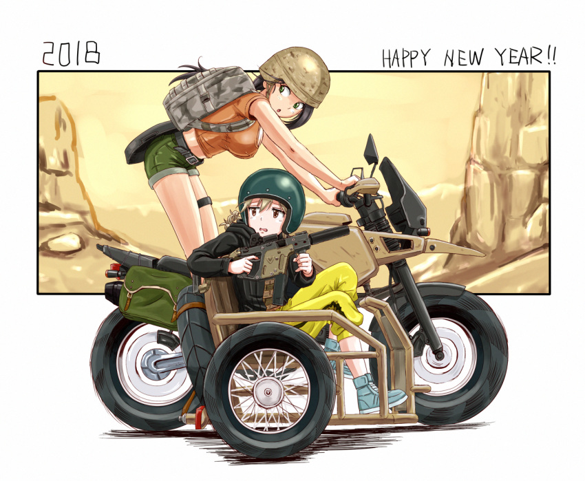 2girls anbj backpack bag bare_arms black_hair black_jacket breasts brown_eyes camouflage_print chin_strap commentary crop_top crossover driving frying_pan green_eyes ground_vehicle gun happy_new_year helmet holding holding_weapon idolmaster idolmaster_cinderella_girls jacket kriss_vector large_breasts light_brown_hair long_sleeves looking_back looking_to_the_side midriff morikubo_nono motor_vehicle motorcycle motorcycle_helmet multiple_girls new_year pants playerunknown's_battlegrounds ponytail shirt shoes short_shorts short_sleeves shorts sidecar sitting spare_tire submachine_gun t-shirt thigh_strap weapon yamato_aki yellow_pants