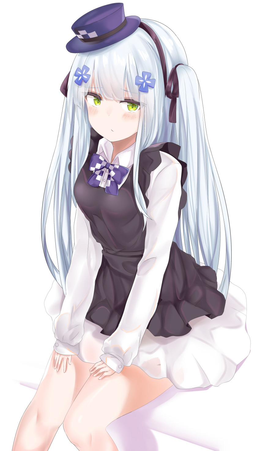 absurdres bangs black_dress black_ribbon blue_hair blush bow bowtie closed_mouth collared_shirt commentary_request dress dress_shirt eyebrows_visible_through_hair girls_frontline green_eyes hair_between_eyes hair_ornament hair_ribbon hat highres hk416_(girls_frontline) long_hair long_sleeves looking_at_viewer mini_hat pleated_dress pleated_skirt purple_hat purple_neckwear ribbon ru_zhai shirt sitting skirt sleeveless sleeveless_dress sleeves_past_wrists solo two_side_up very_long_hair white_background white_shirt white_skirt