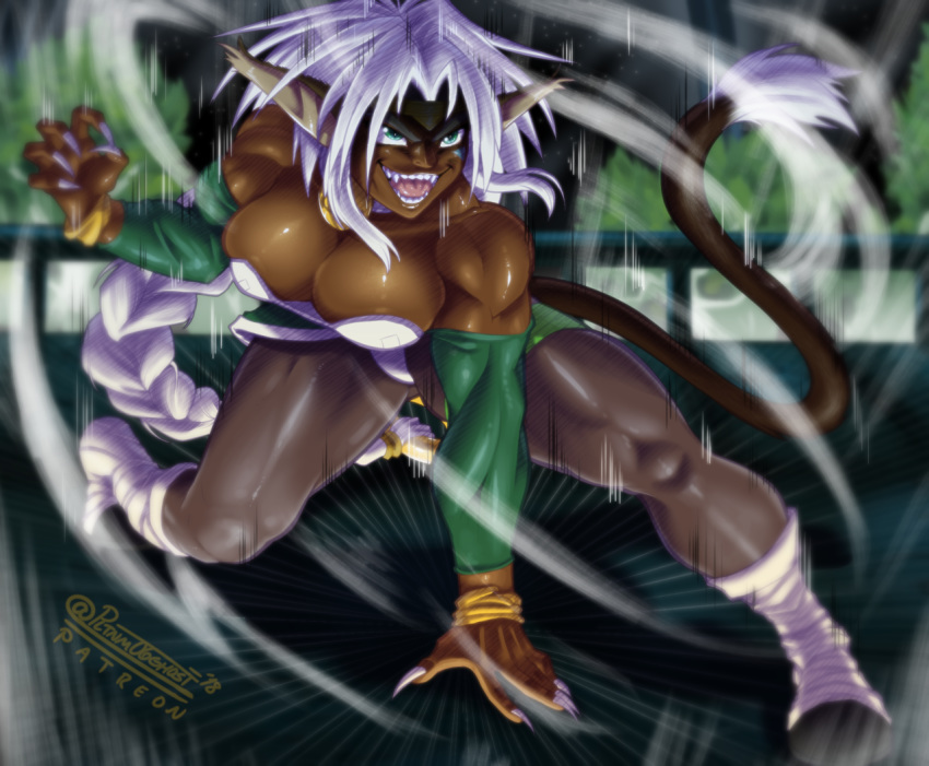 aisha_clanclan animal_ears bare_shoulders bell bell_collar black_legwear bracelet braid breasts cat_ears cat_tail collar commentary dark_skin detached_sleeves emphasis_lines english_commentary facepaint fingernails full_body green_eyes grin jewelry jingle_bell joe_shimamura large_breasts leg_wrap long_hair muscle muscular_female one_knee open_mouth outlaw_star pantyhose sharp_fingernails sharp_teeth single_braid smile solo tail teeth white_hair