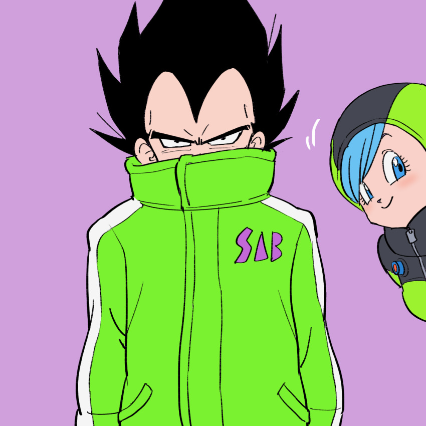 1girl black_eyes black_hair blue_eyes blue_hair blush bulma coat dragon_ball dragon_ball_super dragon_ball_super_broly expressionless frown green_coat happy highres looking_at_viewer peeking_out purple_background short_hair simple_background smile spacesuit spiked_hair tkgsize upper_body vegeta