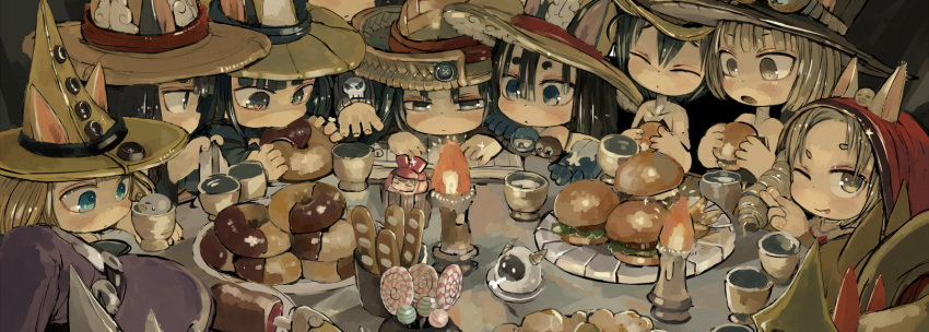 :o animal_ears black_hair blonde_hair blue_eyes blush brown_eyes candle candy cup doughnut ears_through_headwear eating ebimomo food grey_hair half-closed_eyes hamburger hat heart heart-shaped_pupils highres holding holding_food lollipop long_sleeves multiple_girls one_eye_closed original symbol-shaped_pupils table witch_hat