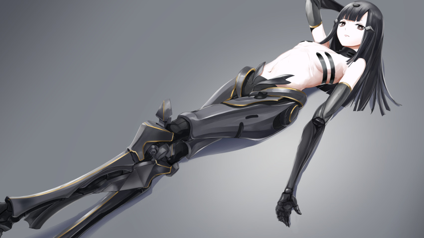 android bangs black_hair blunt_bangs blunt_ends brown_eyes commentary_request doll_joints expressionless girls_frontline highres hime_cut long_hair lying mechanical_arm navel nyto_obelisk_(girls_frontline) on_back pale_skin ribs sanderson simple_background topless