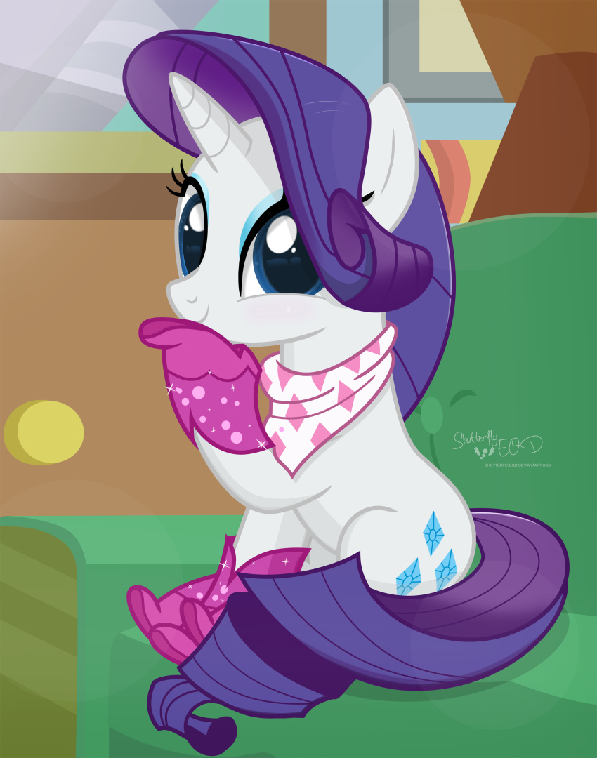 2018 boots clothing cutie_mark equine female feral footwear friendship_is_magic furniture hair horn inside looking_at_viewer mammal my_little_pony rarity_(mlp) shutterflyeqd smile sofa solo unicorn unicorn_horn