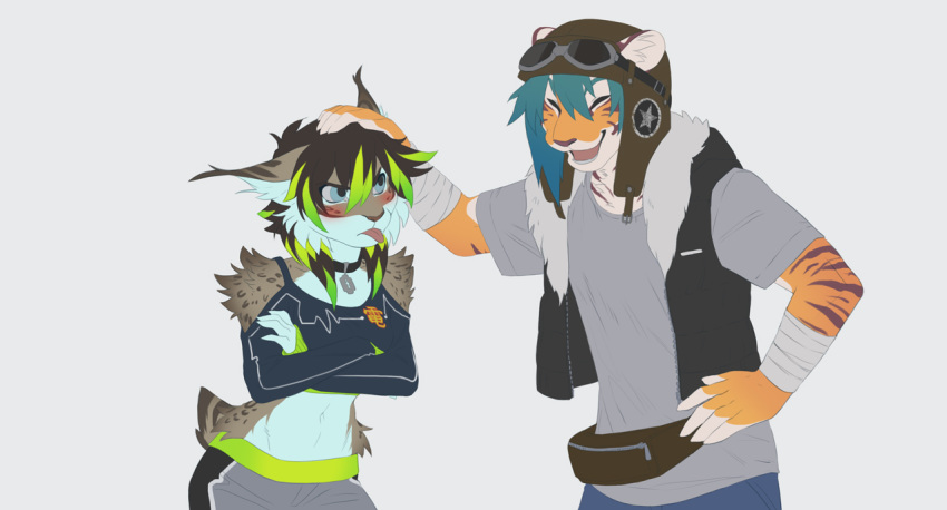 2018 5_fingers anthro blue_eyes blue_hair brown_hair clothed clothing digital_media_(artwork) duo feline female green_hair hair lynx male mammal melloque open_mouth simple_background smile standing teeth tiger tongue white_background