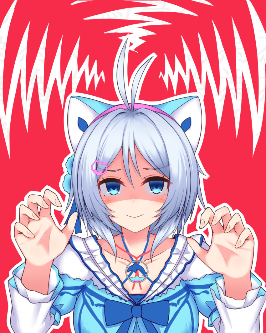 animal_ears antenna_hair bangs blue_shirt cat_ears cat_hair_ornament claw_pose closed_mouth collarbone dennou_shoujo_youtuber_shiro etan14 eyebrows_visible_through_hair fingernails grey_hair hair_between_eyes hair_ornament hands_up highres long_sleeves looking_at_viewer outline parted_bangs puffy_short_sleeves puffy_sleeves red_background shaded_face shiro_(dennou_shoujo_youtuber_shiro) shirt short_over_long_sleeves short_sleeves smile solo translation_request two-tone_background virtual_youtuber white_background white_outline