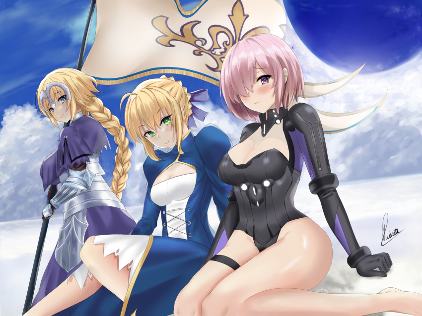 ahoge armor armored_dress artoria_pendragon_(all) bangs black_gloves black_leotard blonde_hair blue_dress blue_eyes blue_ribbon blush braid breasts capelet cleavage cleavage_cutout closed_mouth collar cross-laced_clothes dress fate/grand_order fate_(series) faulds flag french_braid gauntlets gloves green_eyes hair_bun hair_over_one_eye hair_ribbon headpiece highleg highleg_leotard highres hips jeanne_d'arc_(fate) jeanne_d'arc_(fate)_(all) juliet_sleeves large_breasts lavender_hair legs leotard long_braid long_hair long_sleeves looking_at_viewer mash_kyrielight metal_collar multiple_girls pauldrons piukute062 plackart puffy_sleeves purple_dress purple_eyes ribbon saber short_hair single_braid small_breasts smile thigh_strap thighs very_long_hair