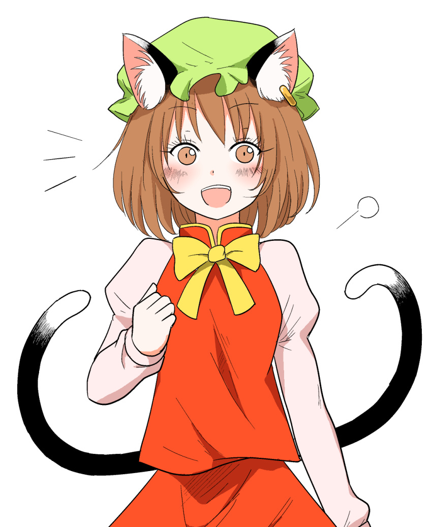 animal_ears bad_id bad_pixiv_id blush brown_eyes brown_hair cat_ears cat_tail chen commentary ear_piercing eyebrows_visible_through_hair green_hat hat highres long_sleeves looking_at_viewer multiple_tails open_mouth piercing red_skirt ribbon round_teeth shiisuu_rattamu short_hair skirt solo tail teeth touhou two_tails upper_body wide-eyed yellow_ribbon