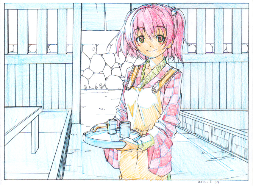 apron barefoot bell black_border blush border closed_mouth colored_pencil_(medium) cup dated graphite_(medium) hair_bell hair_ornament holding jingle_bell limited_palette long_sleeves motoori_kosuzu pink_x red_eyes red_hair short_hair smile solo standing touhou traditional_media tray two_side_up wa_maid wide_sleeves