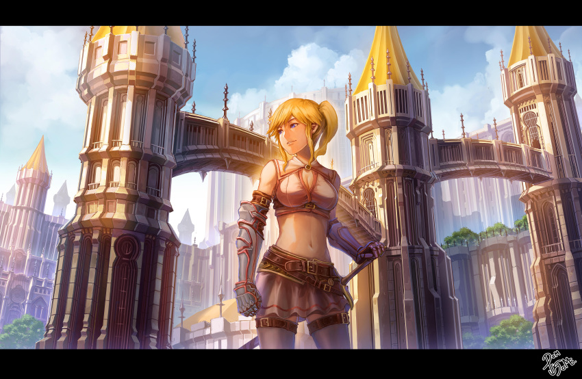 absurdres armor artist_name blonde_hair blue_eyes breasts brown_legwear castle cleavage cleavage_cutout day grey_skirt highres large_breasts letterboxed looking_away navel original outdoors parted_lips pigsomedom scenery sheath sheathed short_hair short_ponytail skirt smile solo sword thighhighs weapon
