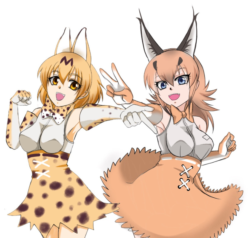 :d animal_ears belt blonde_hair blue_eyes bow bowtie brown_gloves brown_hair brown_neckwear brown_skirt caracal_(kemono_friends) caracal_ears commentary_request cross-laced_clothes elbow_gloves extra_ears eyebrows_visible_through_hair gloves hair_between_eyes hand_up high-waist_skirt impossible_clothes impossible_shirt kemono_friends long_hair multiple_girls open_mouth outstretched_arm print_gloves print_neckwear print_skirt saijouji_reika serval_(kemono_friends) serval_ears serval_print shirt simple_background skirt sleeveless sleeveless_shirt smile spotted_hair v white_background white_belt white_gloves yellow_eyes yellow_gloves yellow_neckwear yellow_skirt