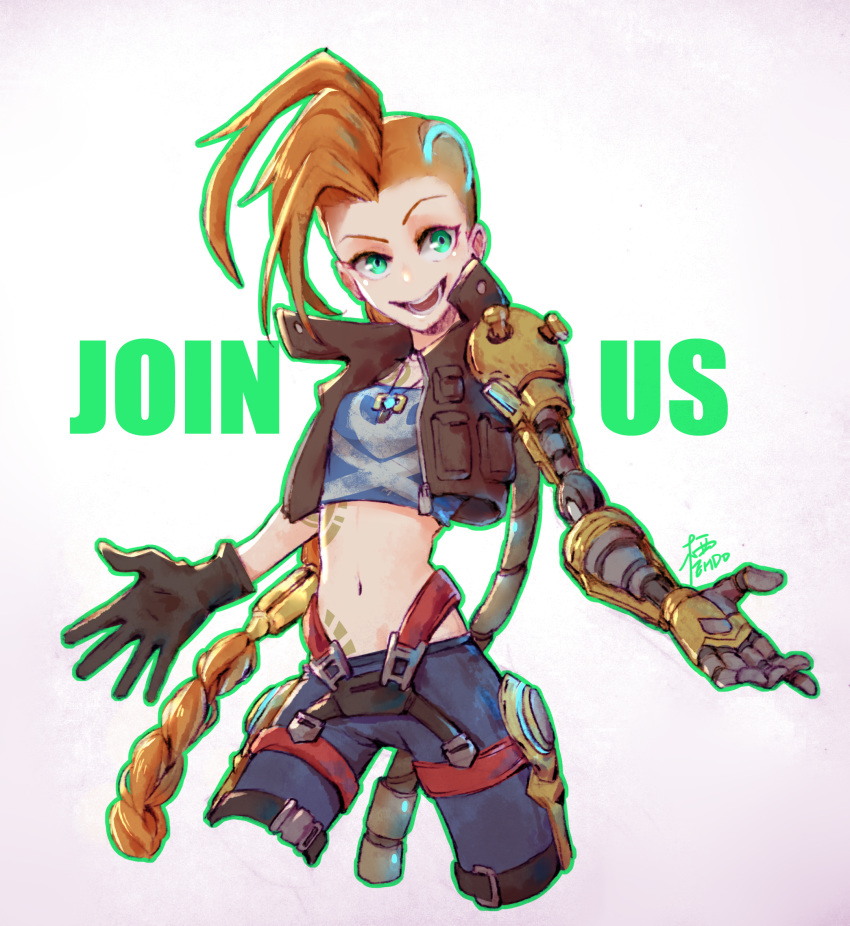 1girl bare_shoulders braid breasts choker gloves green_eyes jacket jewelry jinx_(league_of_legends) league_of_legends long_hair looking_at_viewer mechanical_arm necklace odyssey_jinx orange_hair prosthesis prosthetic_arm single_glove small_breasts smile solo tank_top very_long_hair