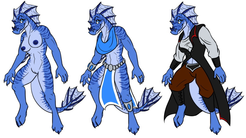 2013 aggathos_(amocin) amocin anthro aquatic_dragon big_breasts blue_eyes blue_nipples blue_pussy breasts claws clothed clothing digital_media_(artwork) dragon female fin horn jewelry looking_at_viewer model_sheet nipples nude paws pussy ring simple_background smile solo standing