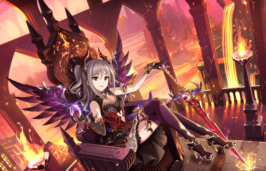 asymmetrical_gloves breasts building chain cleavage cup drinking_glass eyeball fire gloves grey_hair highres horns idolmaster idolmaster_cinderella_girls idolmaster_cinderella_girls_starlight_stage kanzaki_ranko long_hair molten_rock official_art red_eyes skirt smug sparkle sword thighhighs throne twintails underworld weapon wine_glass wings