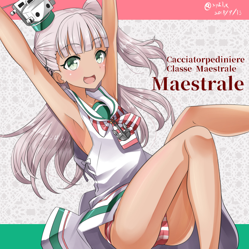 :d armpits arms_up bangs bare_legs blunt_bangs blush cameltoe character_name collarbone commentary_request dated dress eyebrows_visible_through_hair feet_out_of_frame green_eyes hat hebitsukai-san highres italian kantai_collection long_hair looking_at_viewer maestrale_(kantai_collection) mini_hat one_side_up open_mouth panties sailor_collar sailor_dress silver_hair sleeveless sleeveless_dress smile solo striped striped_neckwear striped_panties twitter_username underwear very_long_hair white_dress white_sailor_collar