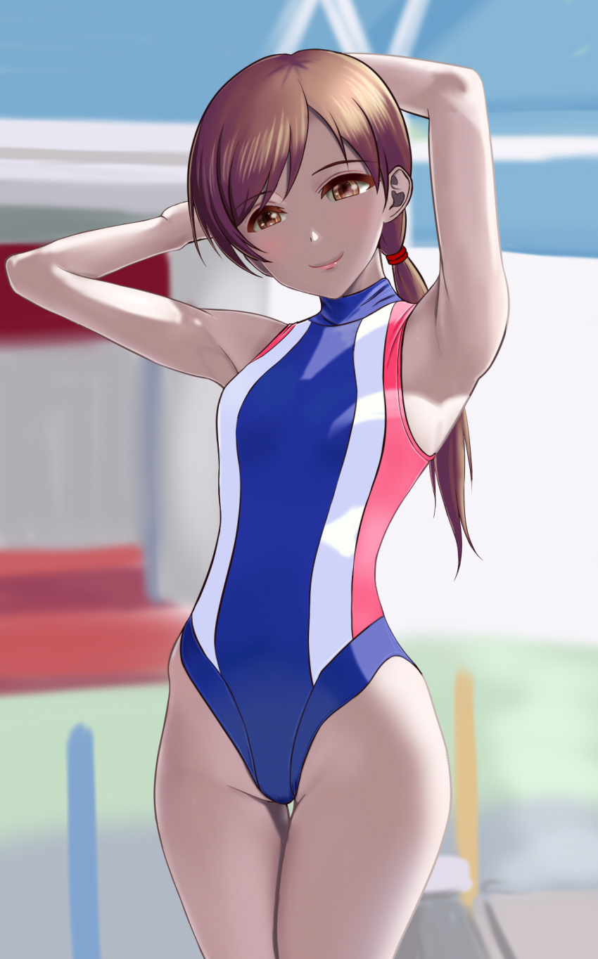 armpits arms_behind_head arms_up bangs blue_swimsuit blush breasts brown_eyes brown_hair closed_mouth commentary_request highres hips idolmaster idolmaster_cinderella_girls long_hair looking_at_viewer medium_breasts nitta_minami one-piece_swimsuit ponytail smile solo swept_bangs swimsuit taka_(takahirokun) thigh_gap thighs