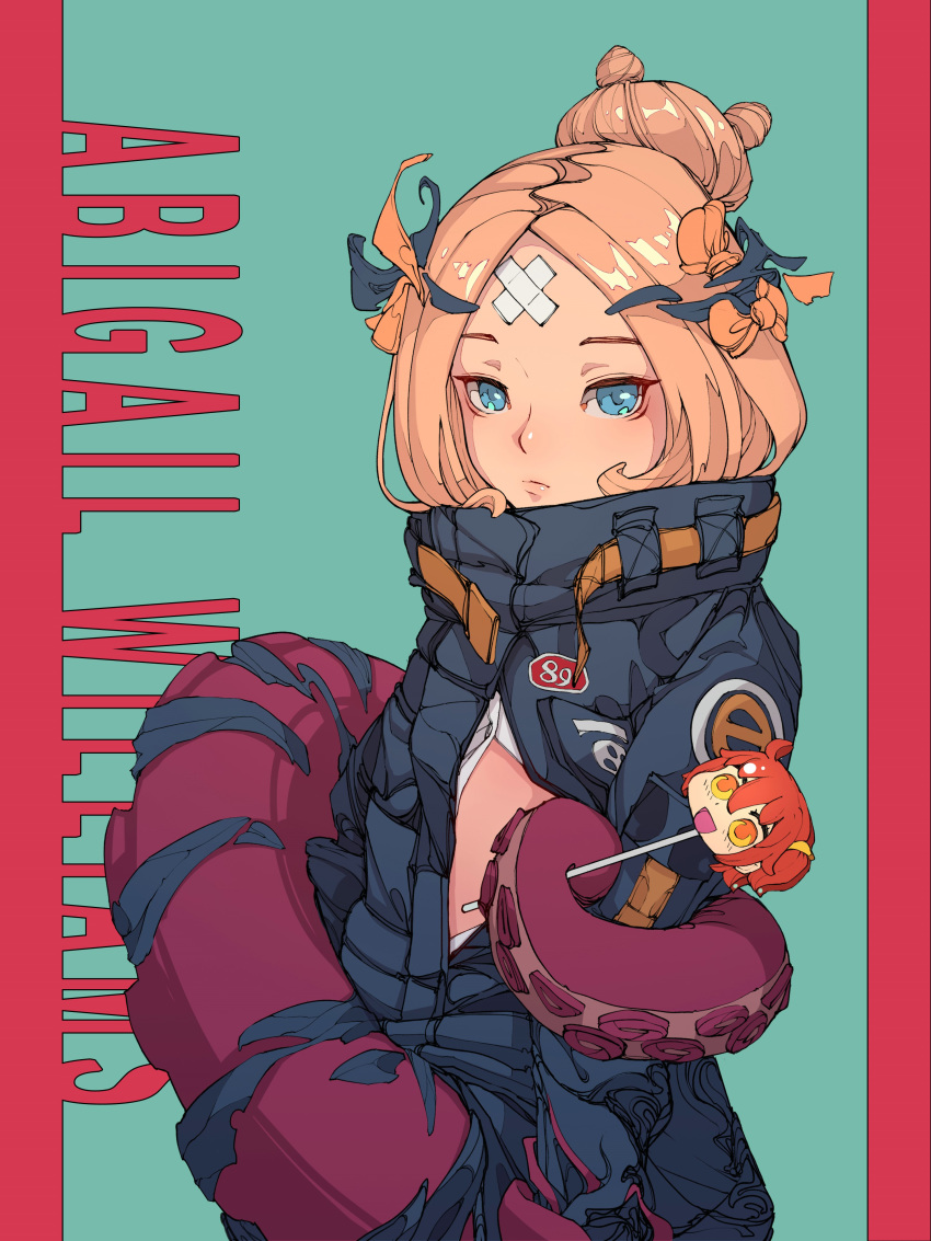 abigail_williams_(fate/grand_order) absurdres bangs black_bow black_jacket blonde_hair blue_eyes bow candy character_name closed_mouth commentary_request crossed_bandaids di_yi_xing_zian dress_shirt fate/grand_order fate_(series) food green_background hair_bow hair_bun heroic_spirit_traveling_outfit highres holding holding_food holding_lollipop jacket lollipop long_hair long_sleeves looking_at_viewer open_clothes open_jacket open_shirt orange_bow parted_bangs red_background shirt sleeves_past_fingers sleeves_past_wrists solo suction_cups tentacles two-tone_background white_shirt