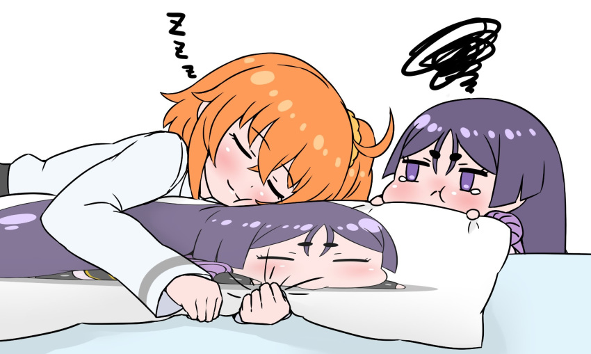 :t ahoge blush chibi closed_eyes closed_mouth commentary_request dakimakura_(object) eyebrows_visible_through_hair facing_viewer fate/grand_order fate_(series) fujimaru_ritsuka_(female) highres jacket jealous jitome long_sleeves lying minamoto_no_raikou_(fate/grand_order) multiple_girls on_side orange_hair pillow pillow_hug pout purple_eyes purple_hair rei_(rei_rr) simple_background sleeping smile tears white_background white_jacket zzz
