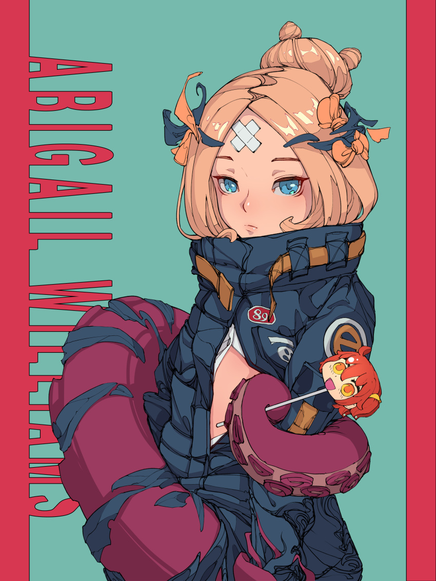 abigail_williams_(fate/grand_order) absurdres bangs black_bow black_jacket blonde_hair blue_eyes bow candy character_name closed_mouth crossed_bandaids di_yi_xing_zian dress_shirt fate/grand_order fate_(series) food green_background hair_bow hair_bun heroic_spirit_traveling_outfit highres holding holding_food holding_lollipop jacket lollipop long_hair long_sleeves looking_at_viewer open_clothes open_jacket open_shirt orange_bow parted_bangs red_background shirt sleeves_past_fingers sleeves_past_wrists solo suction_cups tentacles two-tone_background white_shirt