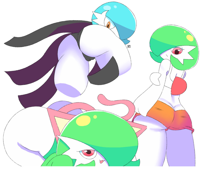 3girls :3 alternate_color animal_ears ass bare_shoulders black_panties blue_hair butt_crack cameltoe cat_ears cat_tail clothed_pokemon creatures_(company) crop_top cropped_legs female from_behind from_below game_freak gardevoir gen_3_pokemon hair_over_one_eye half-closed_eyes hand_up highres looking_at_viewer looking_back looking_down love-box-f mega_gardevoir midriff multiple_girls nintendo no_humans open_mouth orange_eyes orange_shorts panties pink_eyes pokemon pokemon_(creature) shiny_pokemon shirt short_hair short_shorts shorts simple_background skitty sleeveless sleeveless_shirt smile tail underwear watermark white_background white_shirt white_skin