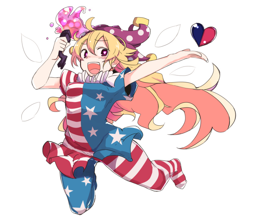 :d ahoge american_flag_dress american_flag_legwear arm_up blonde_hair blue_dress blue_legwear blush breasts clownpiece commentary_request dress eyebrows_visible_through_hair full_body furorina hair_between_eyes hand_up hat heart heart-shaped_pupils holding holding_torch jester_cap jumping long_hair looking_at_viewer neck_ruff no_shoes open_mouth pantyhose polka_dot_hat purple_eyes purple_hat red_dress red_legwear short_dress short_sleeves simple_background small_breasts smile solo star star_print striped striped_dress striped_legwear symbol-shaped_pupils torch touhou very_long_hair white_background white_dress white_legwear