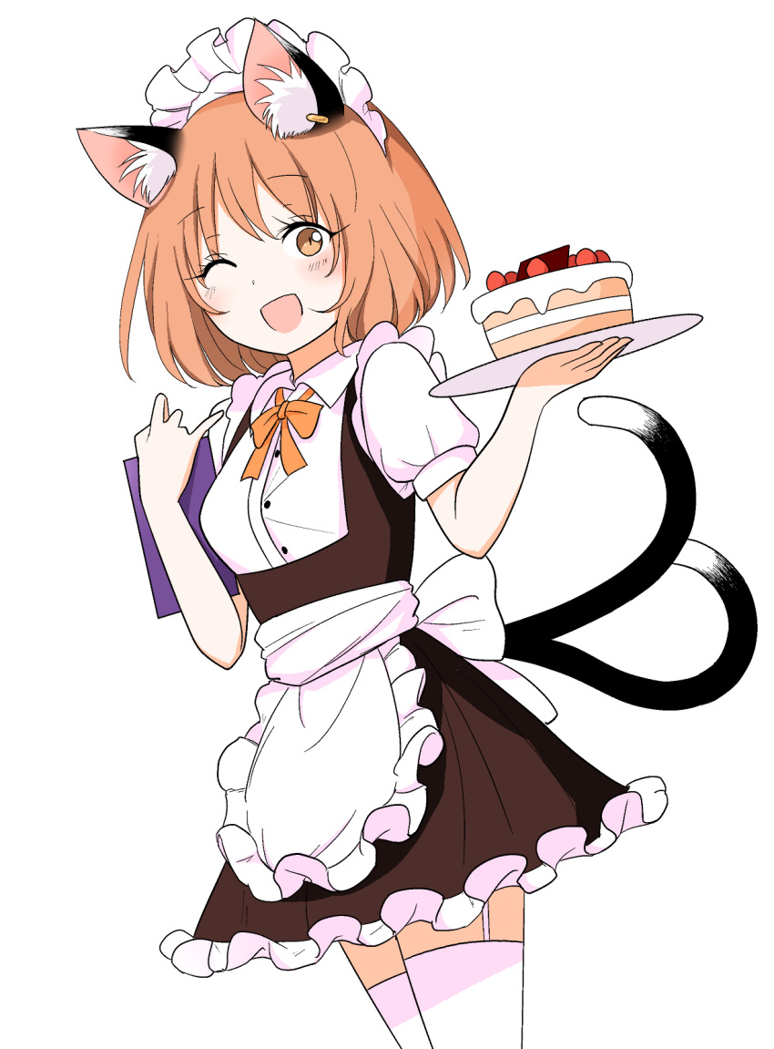 animal_ears apron blush brown_eyes brown_hair cake cat_ears chen commentary_request dress ear_piercing eyebrows_visible_through_hair food frilled_dress frills garter_straps highres holding holding_tray looking_at_viewer maid_apron maid_headdress multiple_tails one_eye_closed open_mouth piercing ribbon shiisuu_rattamu short_hair solo tail thighhighs touhou tray two_tails yellow_ribbon