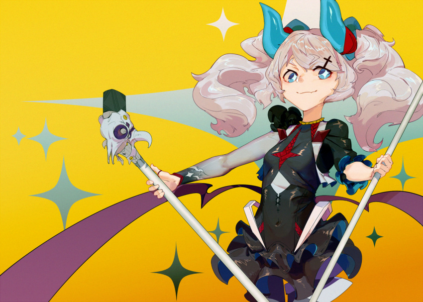 chiliarch_(elsword) demon_girl demon_horns elsword eyebrows_visible_through_hair fang holding horns luciela_r._sourcream microphone single_sleeve star star-shaped_pupils symbol symbol-shaped_pupils twintails zhang492382336