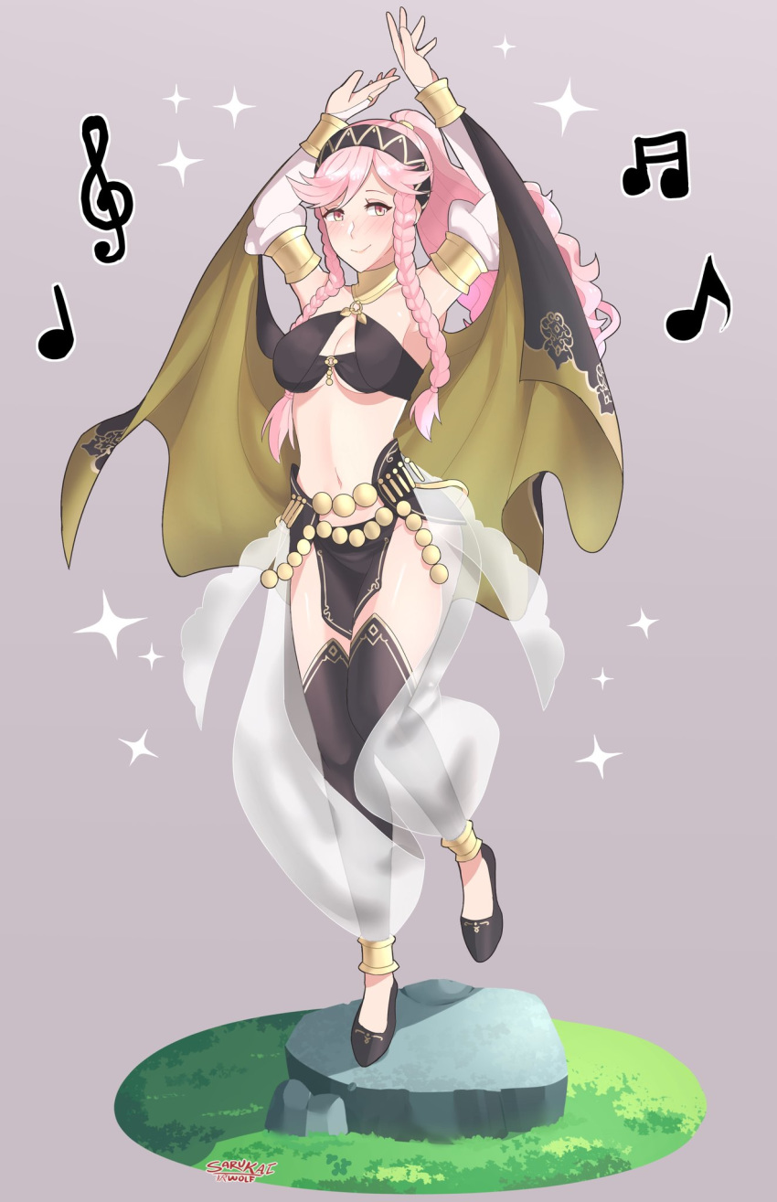 armlet arms_up artist_name bare_shoulders blush braid breasts bridal_gauntlets cleavage closed_mouth commentary fire_emblem fire_emblem:_kakusei fire_emblem_heroes full_body grass grey_background hairband highres long_hair medium_breasts midriff musical_note navel olivia_(fire_emblem) pelvic_curtain pink_eyes pink_hair ponytail rock sarukaiwolf simple_background smile solo sparkle standing standing_on_one_leg twin_braids