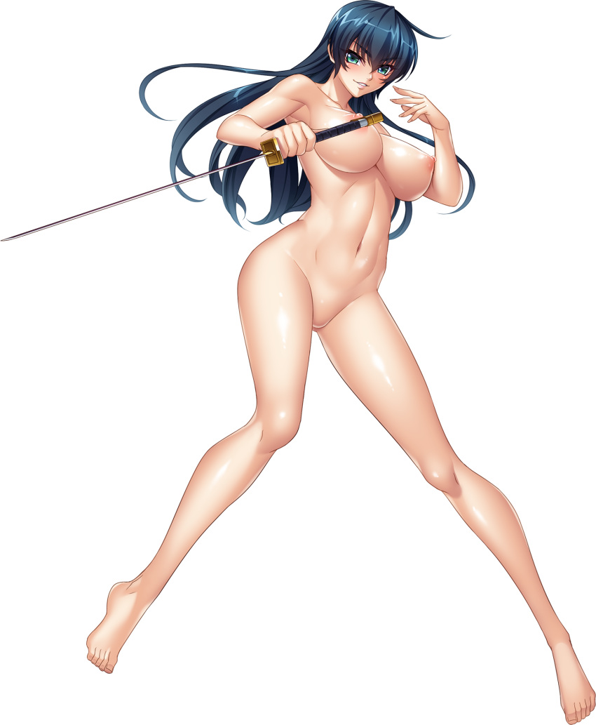 aqua_eyes barefoot black_hair breasts full_body highres holding holding_sword holding_weapon igawa_asagi kagami_hirotaka large_breasts long_hair looking_at_viewer navel nipples no_pussy non-web_source nude official_art parted_lips reverse_grip shiny shiny_skin smile solo sword taimanin_(series) taimanin_asagi transparent_background weapon