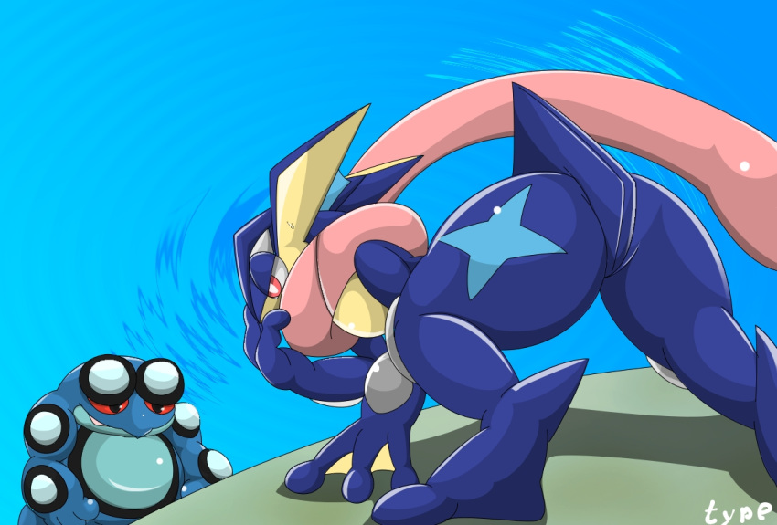 2015 ambiguous_gender anthro blue_background cyan_background duo gradient_background greninja nintendo pok&eacute;mon pok&eacute;mon_(species) seismitoad simple_background sweat type video_games