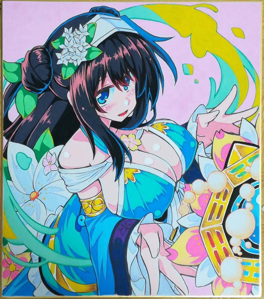 :d bare_shoulders black_hair blue_dress blue_eyes blush breasts detached_sleeves double_bun dress flower hair_flower hair_ornament hand_up highres long_hair looking_at_viewer magatama open_mouth rinne_(sennen_sensou_aigis) sennen_sensou_aigis sidelocks smile solo soune1000 standing traditional_media very_long_hair wide_sleeves