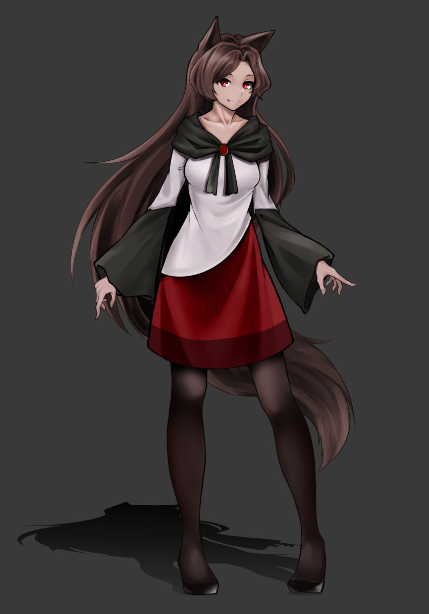 absurdres adapted_costume animal_ears black_legwear brown_hair commentary_request dress fang_out full_body grey_background highres imaizumi_kagerou inoshin_(inixia1748) long_hair monochrome_background neckerchief pantyhose red_eyes shadow short_dress simple_background smile solo standing tail touhou very_long_hair wide_sleeves wolf_ears wolf_tail