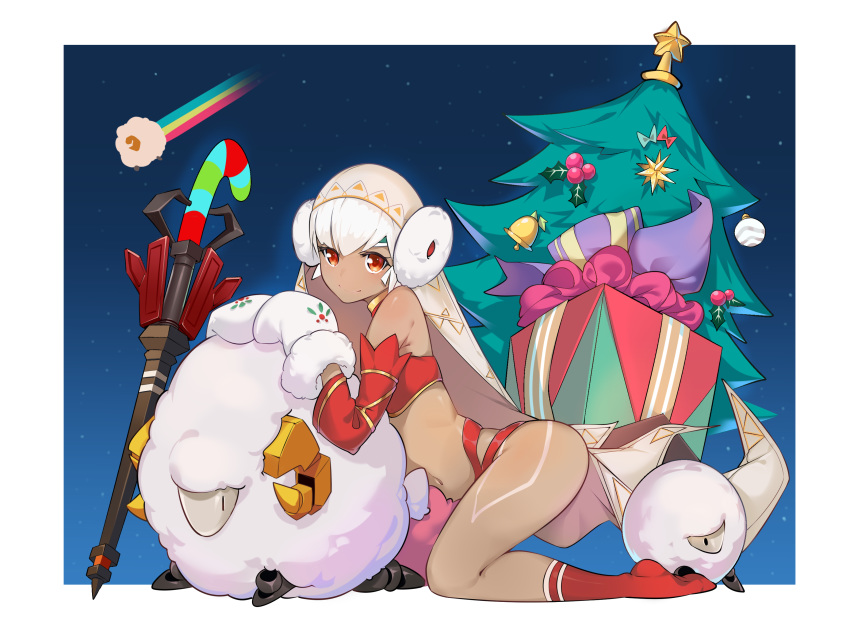 absurdres altera_(fate) altera_the_santa animal bare_shoulders bell choker christmas_tree closed_mouth dark_skin detached_sleeves earmuffs fate/grand_order fate_(series) gift gloves head_tilt headdress highres leg_tattoo legs looking_to_the_side midriff navel photon_ray rainbow red_eyes red_footwear revealing_clothes sheep shiny shiny_skin short_hair smile socks solo stomach tan tattoo thighs veil warum white_hair