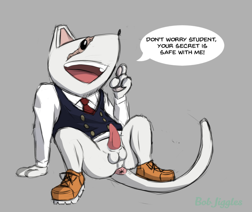 anthro anus balls bob-jiggles bottomless clothed clothing erection hi_res male mammal mouse my_hero_academia nedzu paws penis rodent scar solo speech_bubble tapering_penis teeth text