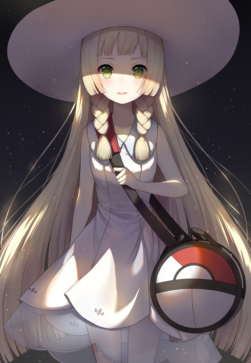 ayuanlv bag bangs black_background blonde_hair blunt_bangs blush braid breasts cowboy_shot dated dress eyelashes green_eyes hat highres lillie_(pokemon) long_hair looking_at_viewer open_mouth poke_ball_theme pokemon pokemon_(game) pokemon_sm see-through side_braid sleeveless sleeveless_dress solo standing straight_hair sun_hat translation_request twin_braids very_long_hair white_dress white_hat