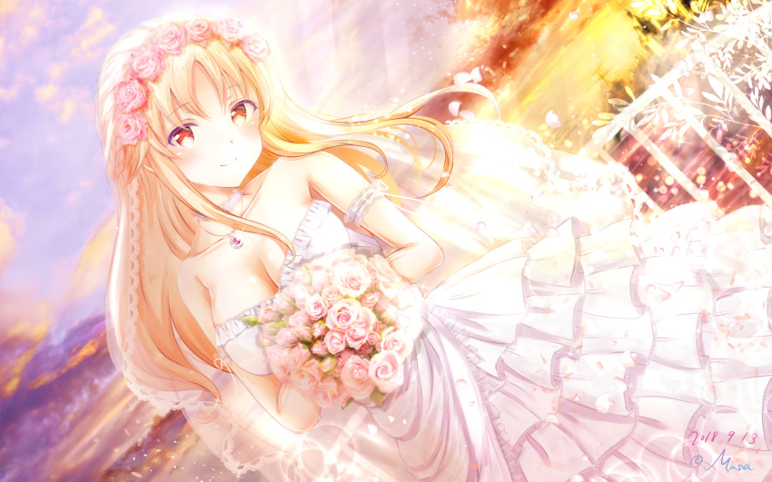 arm_strap artist_name bangs bare_shoulders blonde_hair blurry blush bouquet breasts bridal_veil bride choker cleavage closed_mouth cloud cloudy_sky collarbone commentary_request dated depth_of_field dress dutch_angle eyebrows_visible_through_hair flower girlfriend_(kari) glint highres holding holding_bouquet jewelry large_breasts long_hair looking_at_viewer masa_(mirage77) multicolored multicolored_sky necklace outdoors partial_commentary petals pink_flower pink_rose railing red_eyes rose sasahara_nonoka sky smile solo standing strapless strapless_dress veil wallpaper wedding_dress white_dress white_flower white_neckwear white_rose