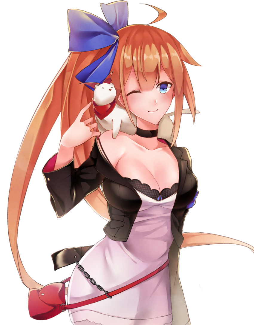 ahoge bag black_choker black_jacket blue_eyes blue_ribbon breasts brown_hair choker cleavage closed_mouth collarbone dress eyebrows_visible_through_hair fal_(girls_frontline) ferret girls_frontline hair_ribbon handbag highres jacket large_breasts long_hair ribbon shiny shiny_hair simple_background smile solo spduck standing thigh_strap very_long_hair white_dress
