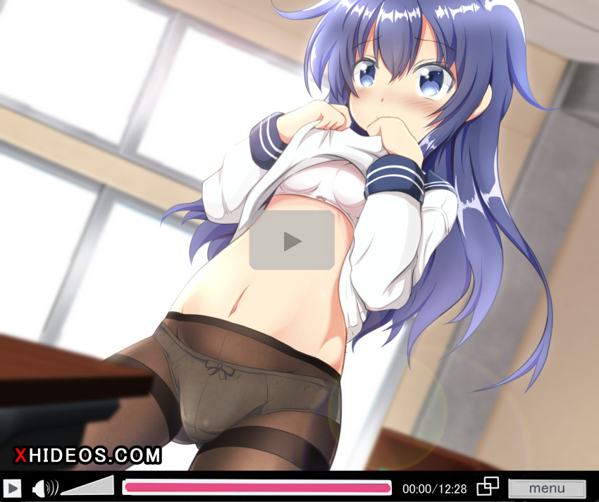 akatsuki_(kantai_collection) ass_visible_through_thighs bangs blue_eyes blue_sailor_collar blurry blurry_background blush bow bow_bra bow_panties bra brand_name_imitation breasts brown_legwear closed_mouth commentary day depth_of_field dutch_angle eyebrows_visible_through_hair fake_video hair_between_eyes hands_up highres indoors kantai_collection lens_flare lifted_by_self long_hair long_sleeves navel no_hat no_headwear no_pants panties panties_under_pantyhose pantyhose play_button purple_hair sailor_collar school_uniform serafuku shirt shirt_lift small_breasts solo standing sunlight tamayan thighband_pantyhose timestamp training_bra underwear very_long_hair white_bra white_panties white_shirt window x-videos