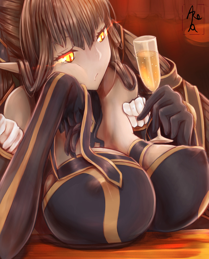 alcohol bangs bare_shoulders black_dress black_gloves black_hair breast_rest breasts bridal_gauntlets champagne_flute cleavage closed_mouth commentary_request covered_nipples cup detached_sleeves dress drinking_glass fate/apocrypha fate/grand_order fate_(series) frills gloves glowing glowing_eyes hair_between_eyes hand_on_own_cheek highres holding holding_cup huge_breasts long_hair naraku_(t8kk) pointy_ears semiramis_(fate) solo very_long_hair yellow_eyes